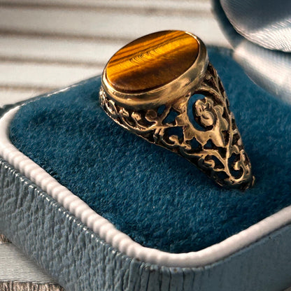 Vintage 9ct Gold Tigers Eye Signet Ring Size V / 11 - Mens Jewelry