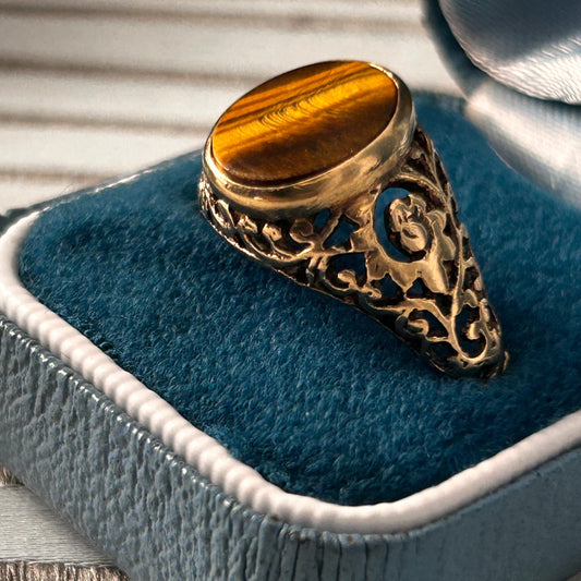 Vintage 9ct Gold Tigers Eye Signet Ring Size V / 11 - Mens Jewelry