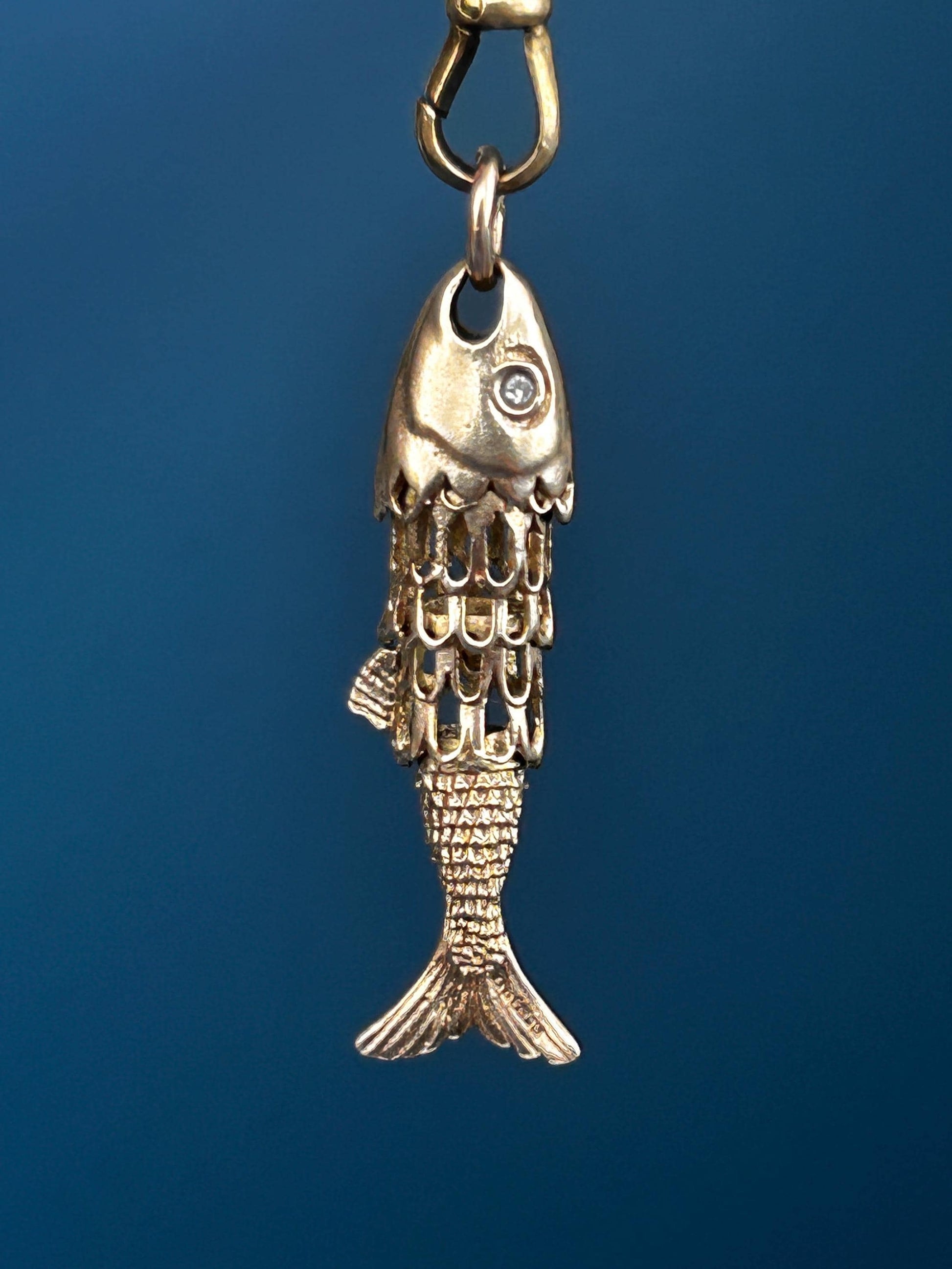 Antique 1921 9ct Gold Articulated Fish with Diamond Pendant - Lucky Charm
