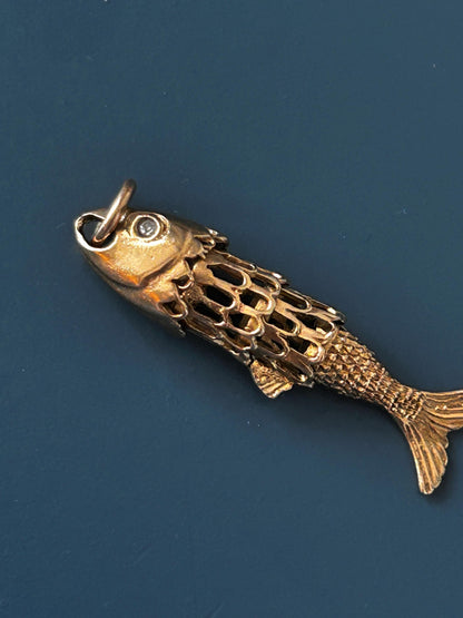 Antique 1921 9ct Gold Articulated Fish with Diamond Pendant - Lucky Charm