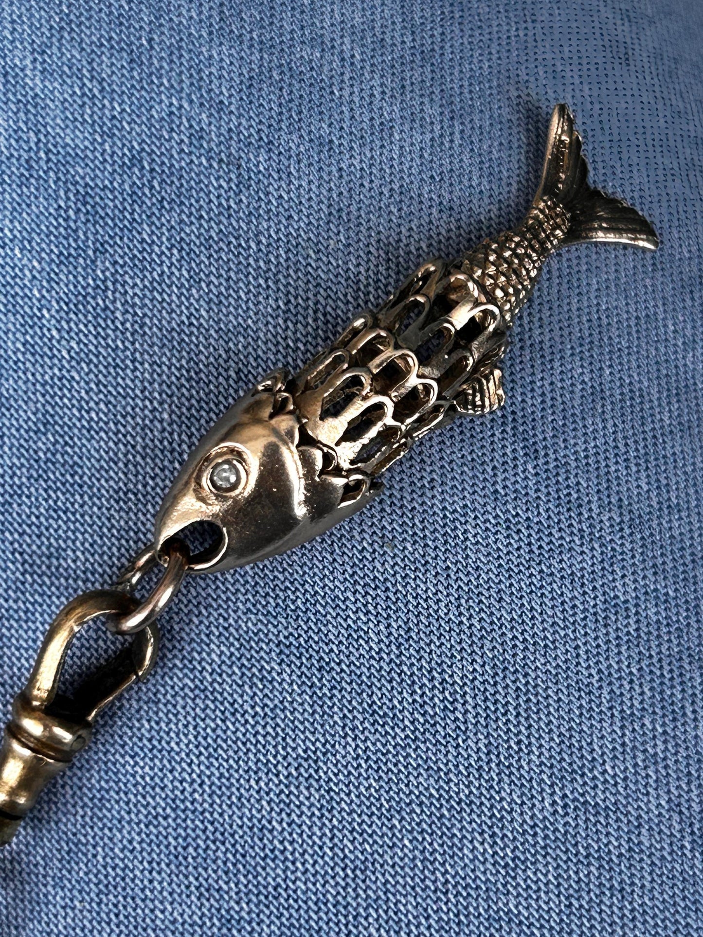 Antique 1921 9ct Gold Articulated Fish with Diamond Pendant - Lucky Charm