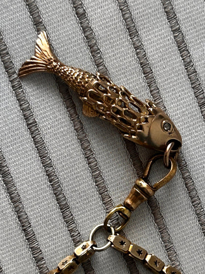 Antique 1921 9ct Gold Articulated Fish with Diamond Pendant - Lucky Charm