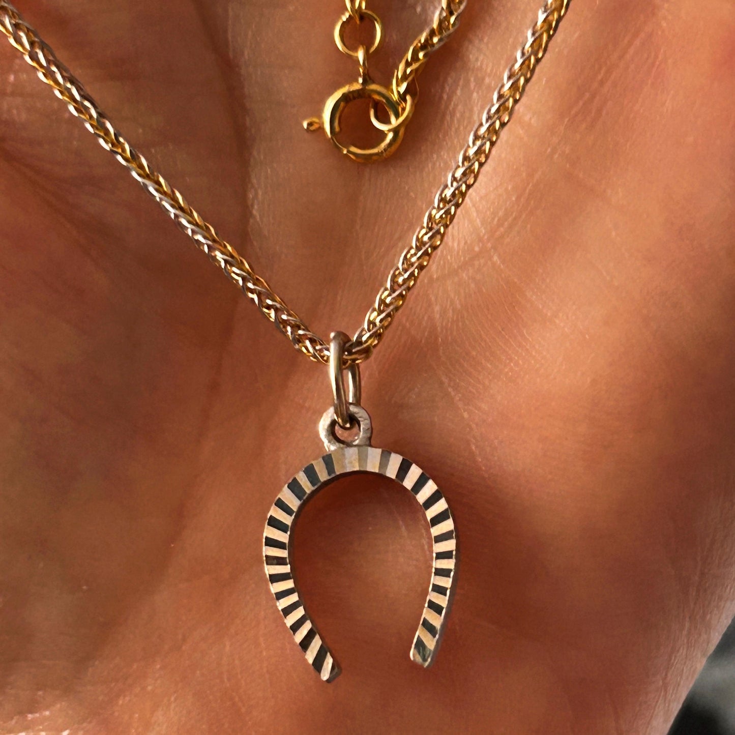 Vintage 18ct Gold Horseshoe Necklace Two Toned Equestrian Lucky Charm with Chain