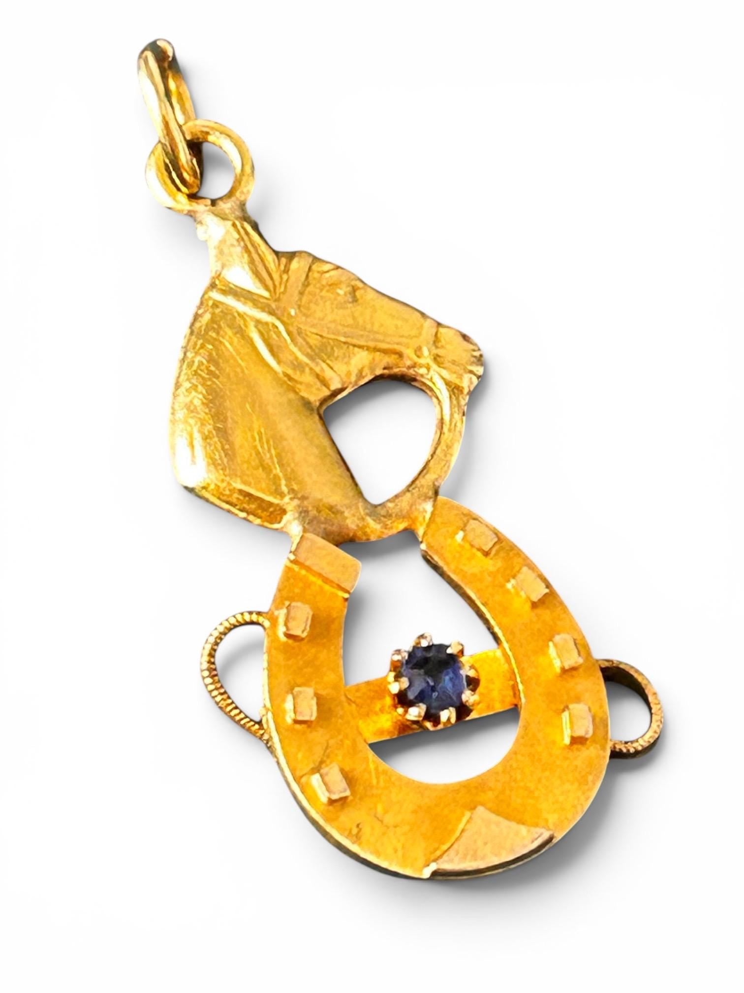 Victorian 15ct Gold Lucky Horse Shoe Pendant with Sapphire Hallmarked - Antique Jewellery