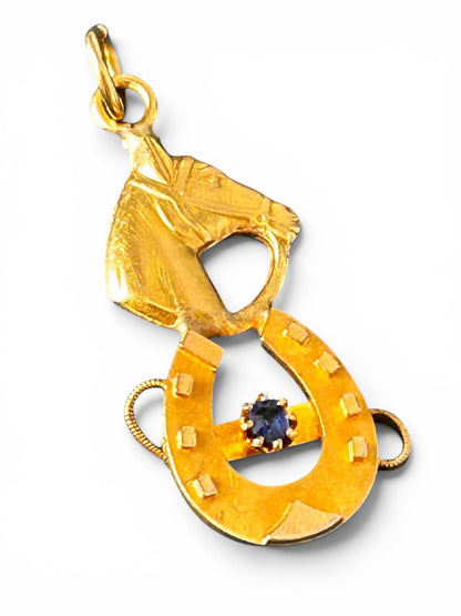 Victorian 15ct Gold Lucky Horse Shoe Pendant with Sapphire Hallmarked - Antique Jewellery