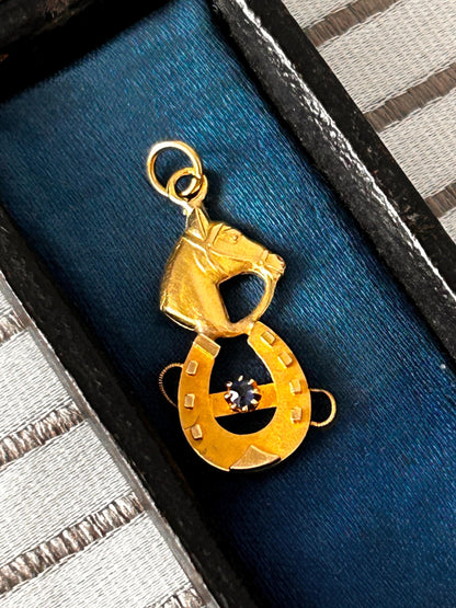 Victorian 15ct Gold Lucky Horse Shoe Pendant with Sapphire Hallmarked - Antique Jewellery