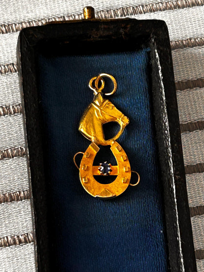 Victorian 15ct Gold Lucky Horse Shoe Pendant with Sapphire Hallmarked - Antique Jewellery