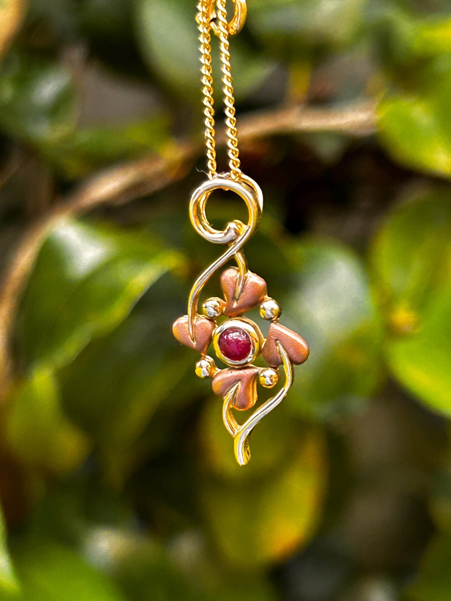 Vintage 9ct Clogau Welsh Gold Ruby Necklace - Celtic Leaves Jewellery July Birthstone