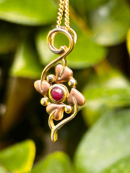 Vintage 9ct Clogau Welsh Gold Ruby Necklace - Celtic Leaves Jewellery July Birthstone