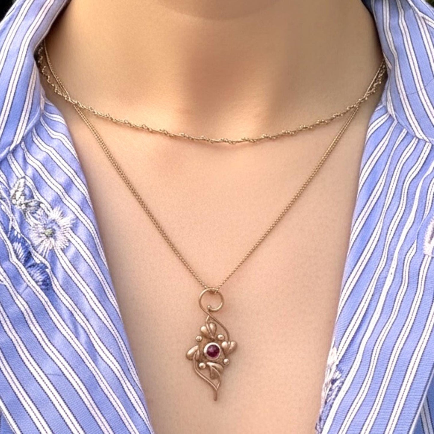 Vintage 9ct Clogau Welsh Gold Ruby Necklace - Celtic Leaves Jewellery July Birthstone