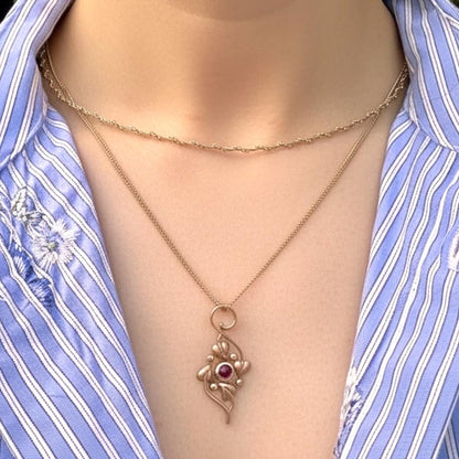 Vintage 9ct Clogau Welsh Gold Ruby Necklace - Celtic Leaves Jewellery July Birthstone