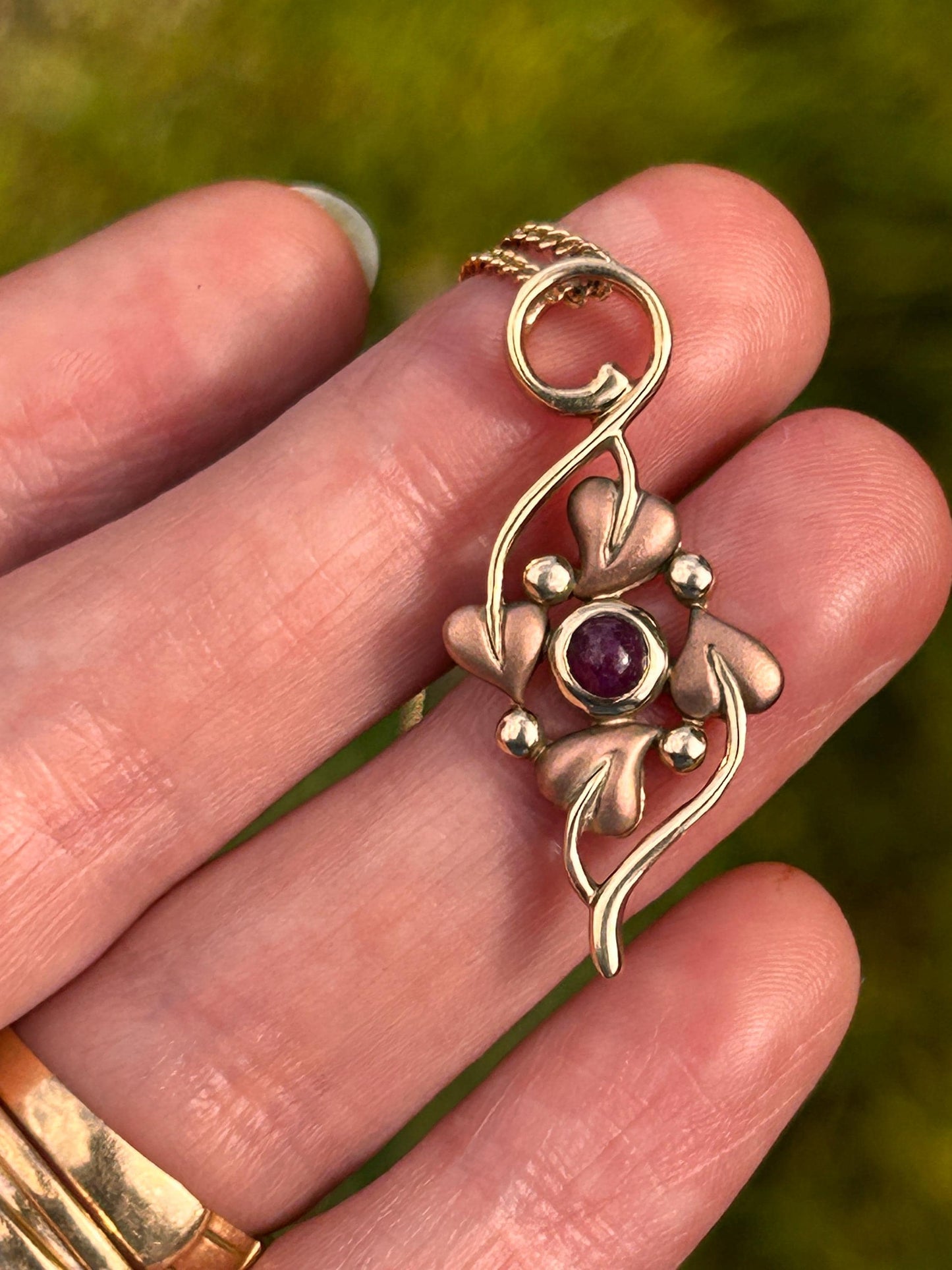 Vintage 9ct Clogau Welsh Gold Ruby Necklace - Celtic Leaves Jewellery July Birthstone
