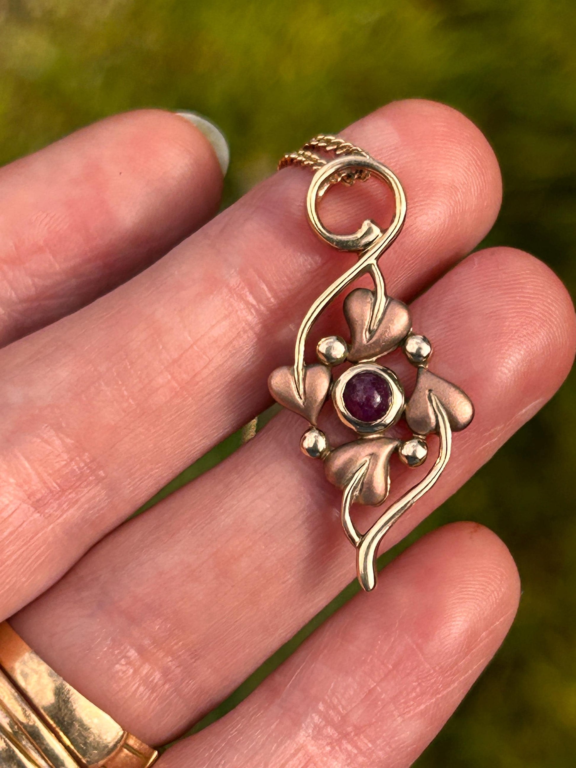 Vintage 9ct Clogau Welsh Gold Ruby Necklace - Celtic Leaves Jewellery July Birthstone