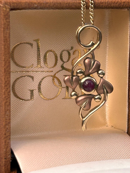 Vintage 9ct Clogau Welsh Gold Ruby Necklace - Celtic Leaves Jewellery July Birthstone