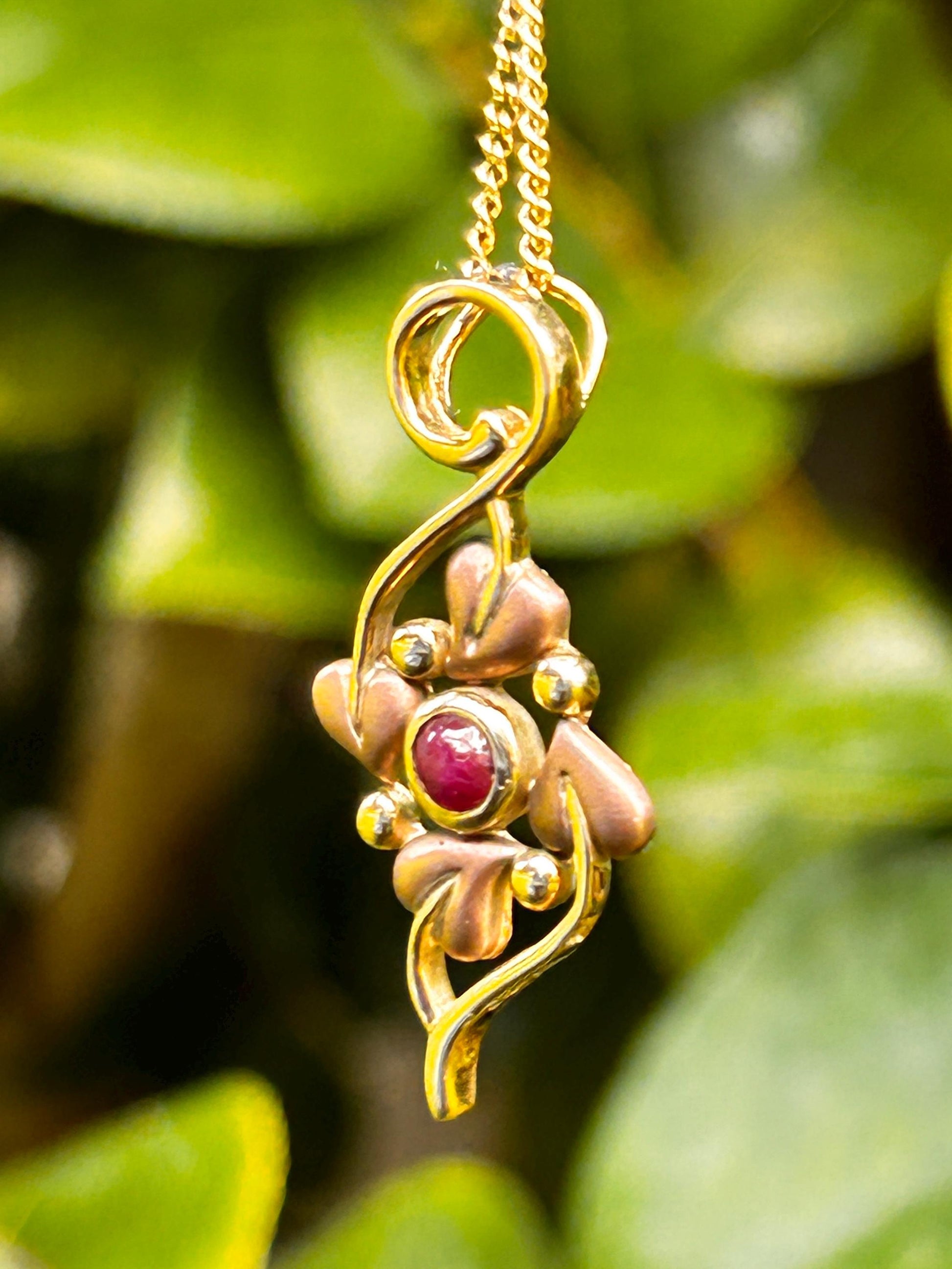 Vintage 9ct Clogau Welsh Gold Ruby Necklace - Celtic Leaves Jewellery July Birthstone
