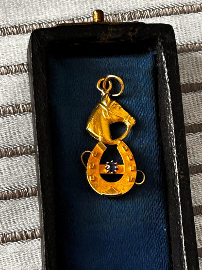 Victorian 15ct Gold Lucky Horse Shoe Pendant with Sapphire Hallmarked - Antique Jewellery