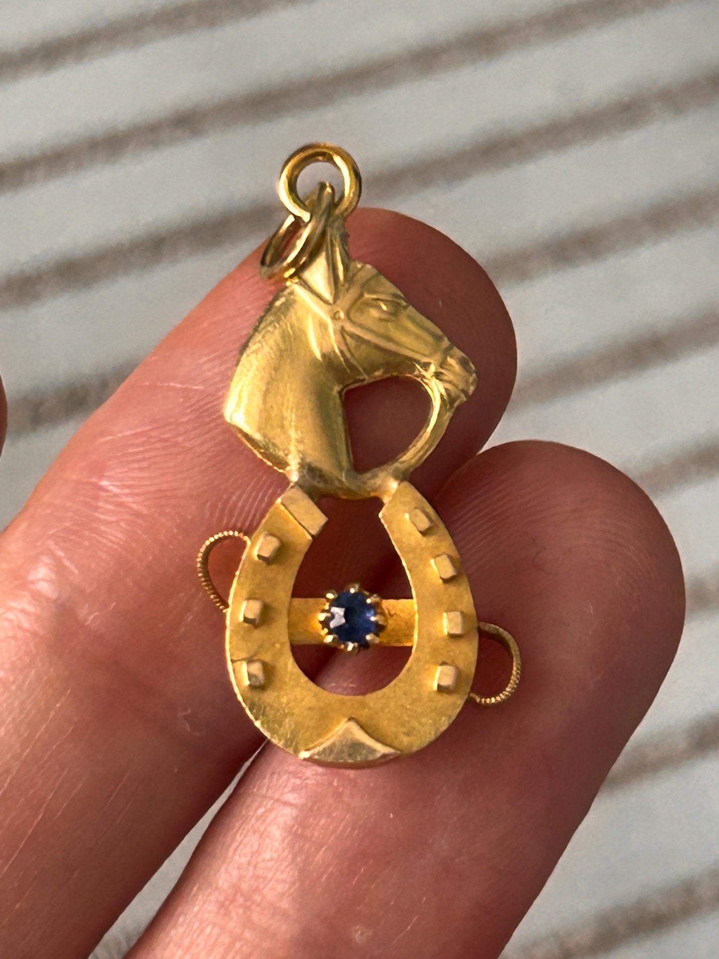 Victorian 15ct Gold Lucky Horse Shoe Pendant with Sapphire Hallmarked - Antique Jewellery