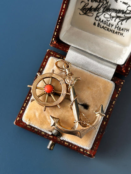 Mid-Century Vintage Anchor and Wheel with Coral Pendant - 9ct and 18ct Gold Nautical Jewellery