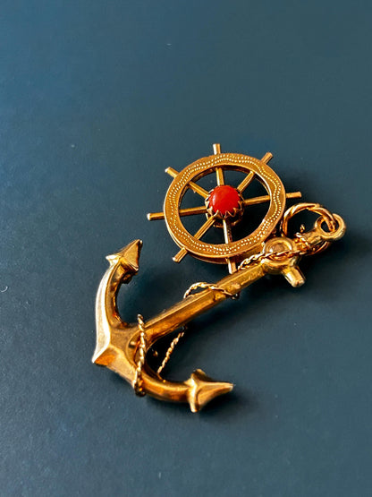 Mid-Century Vintage Anchor and Wheel with Coral Pendant - 9ct and 18ct Gold Nautical Jewellery