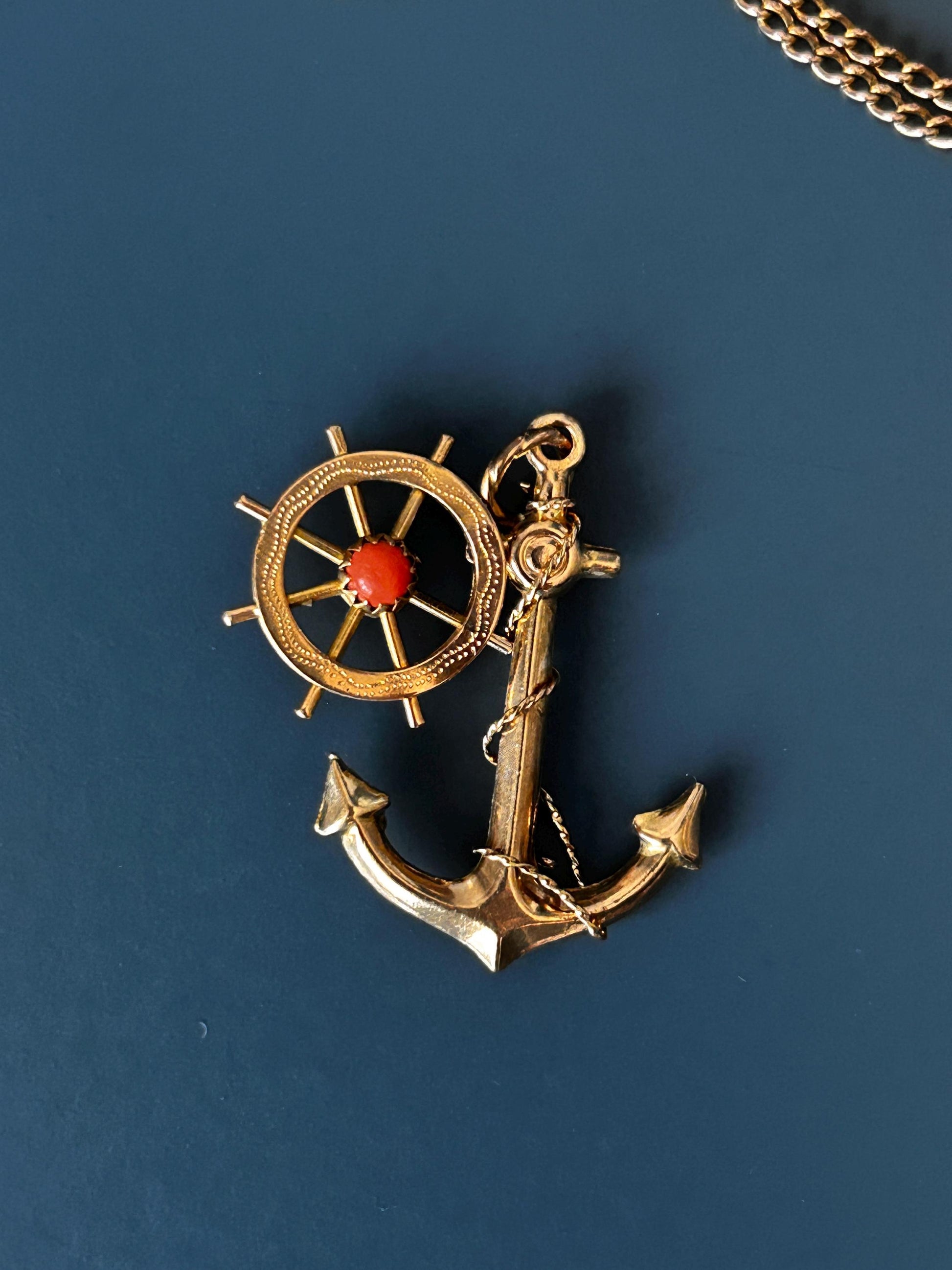 Mid-Century Vintage Anchor and Wheel with Coral Pendant - 9ct and 18ct Gold Nautical Jewellery