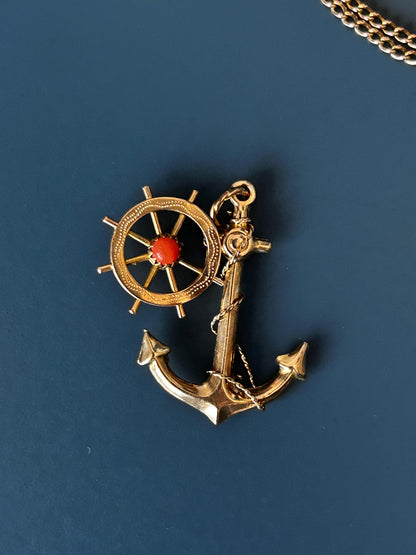 Mid-Century Vintage Anchor and Wheel with Coral Pendant - 9ct and 18ct Gold Nautical Jewellery