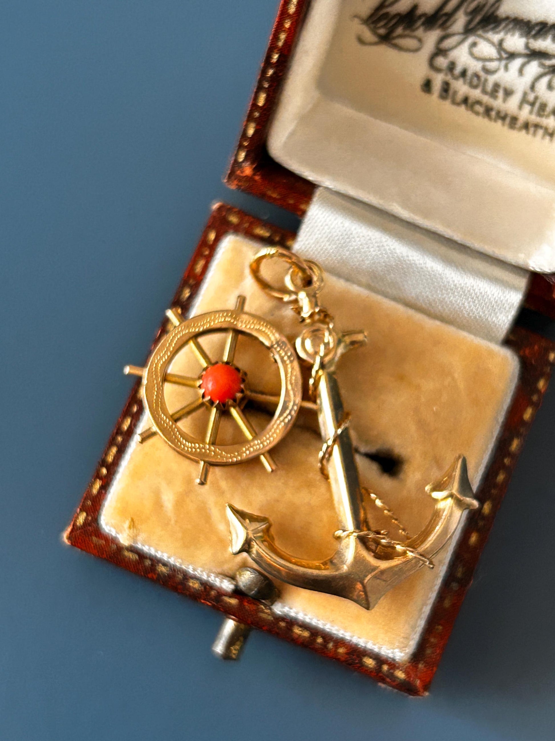 Mid-Century Vintage Anchor and Wheel with Coral Pendant - 9ct and 18ct Gold Nautical Jewellery