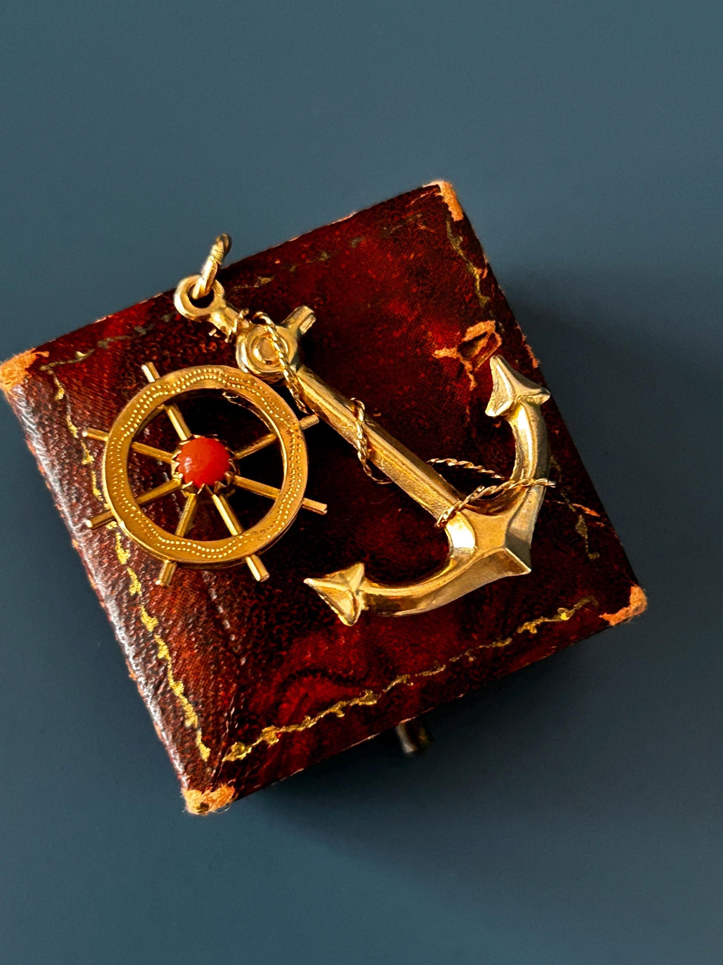 Mid-Century Vintage Anchor and Wheel with Coral Pendant - 9ct and 18ct Gold Nautical Jewellery