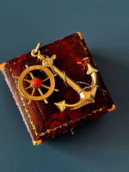 Mid-Century Vintage Anchor and Wheel with Coral Pendant - 9ct and 18ct Gold Nautical Jewellery