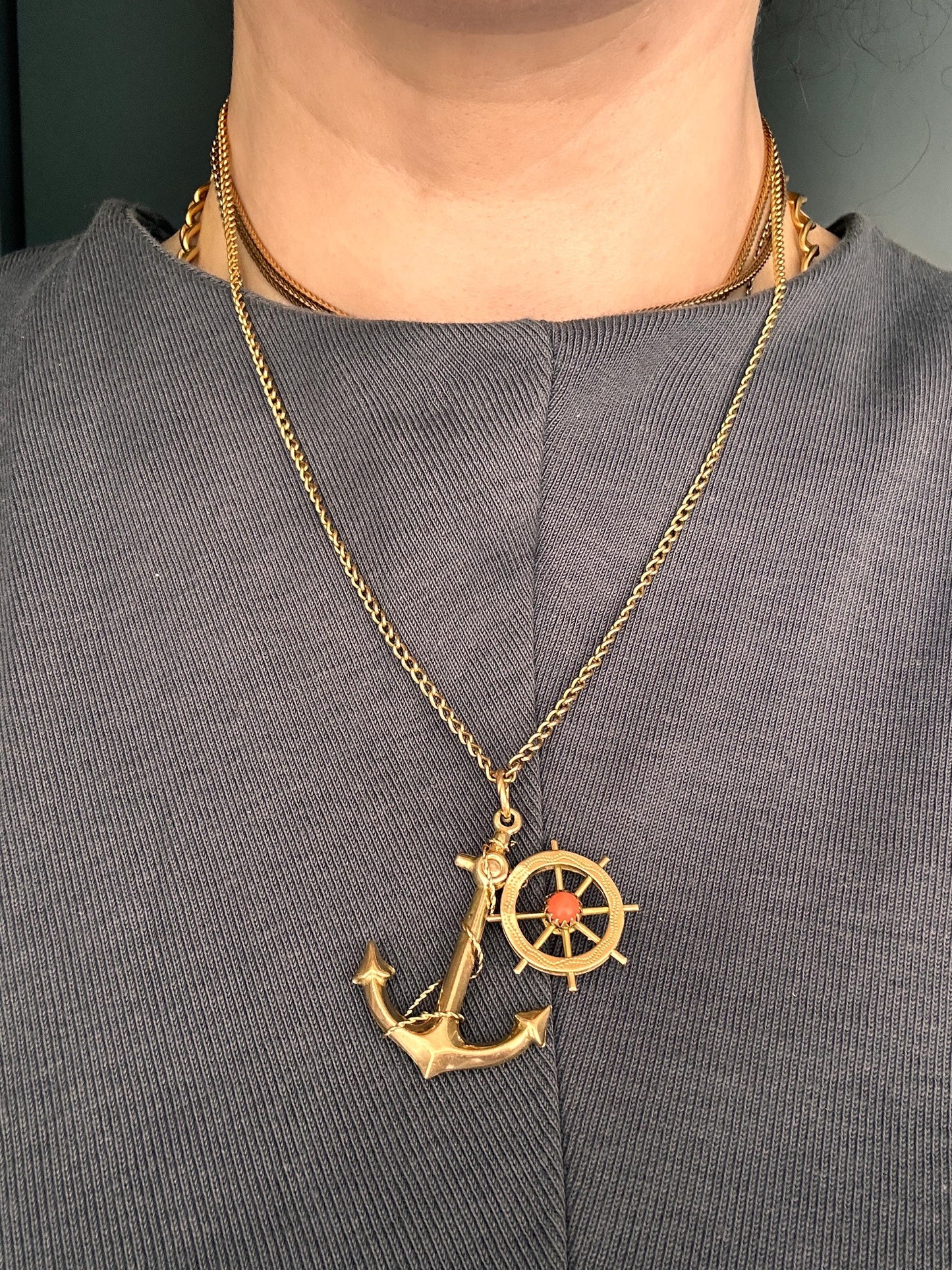 Mid-Century Vintage Anchor and Wheel with Coral Pendant - 9ct and 18ct Gold Nautical Jewellery