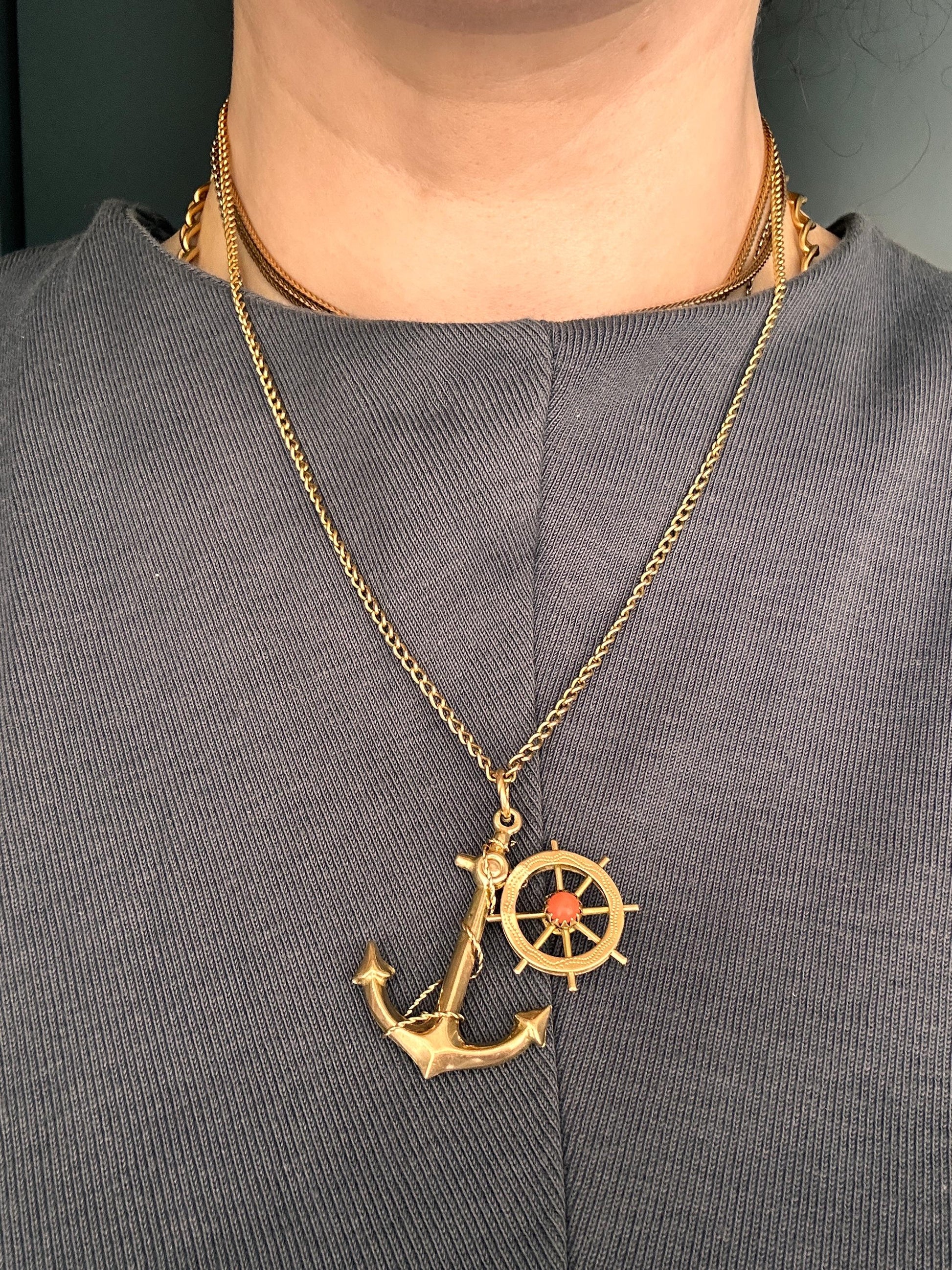 Mid-Century Vintage Anchor and Wheel with Coral Pendant - 9ct and 18ct Gold Nautical Jewellery