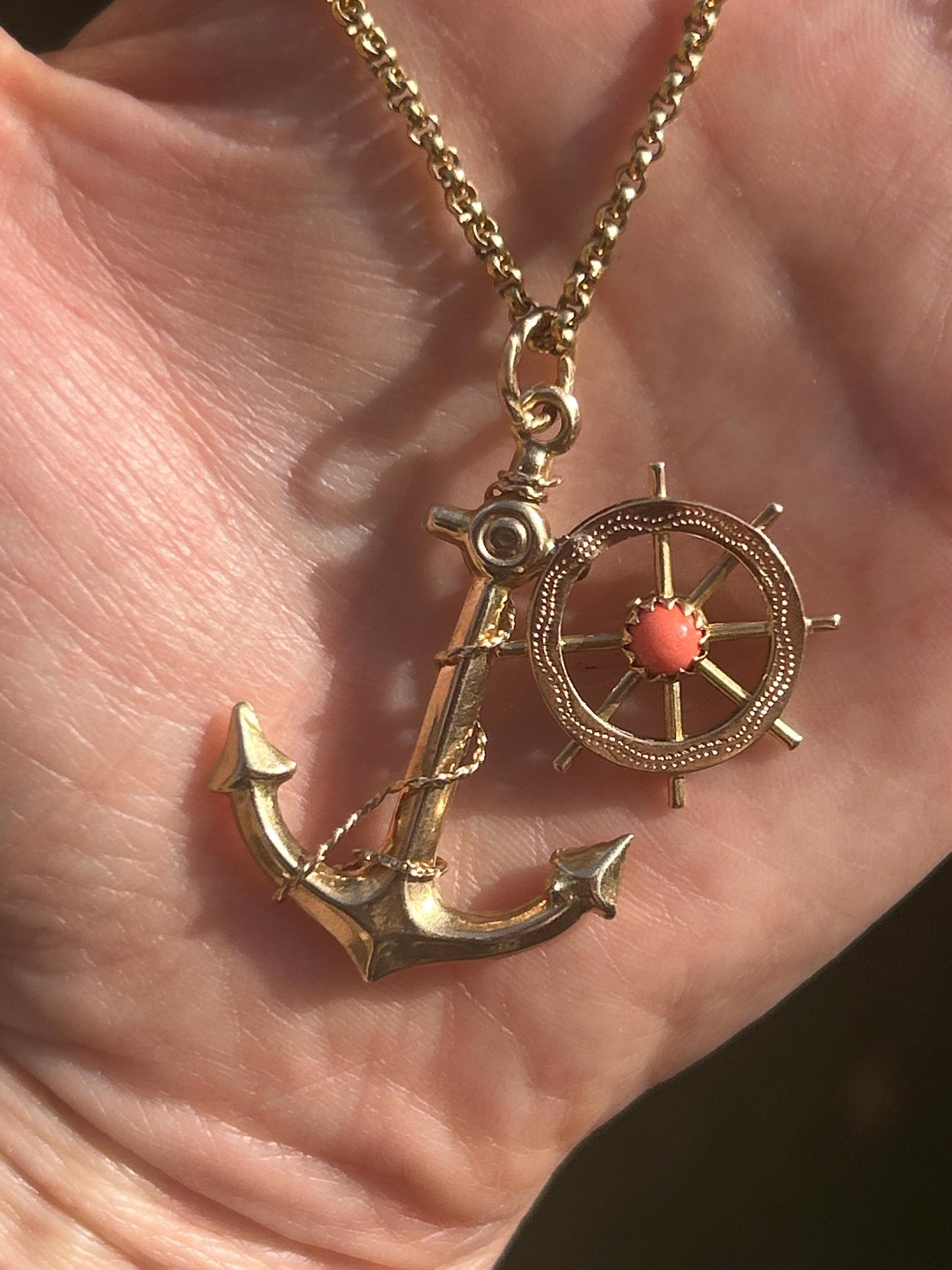 Mid-Century Vintage Anchor and Wheel with Coral Pendant - 9ct and 18ct Gold Nautical Jewellery