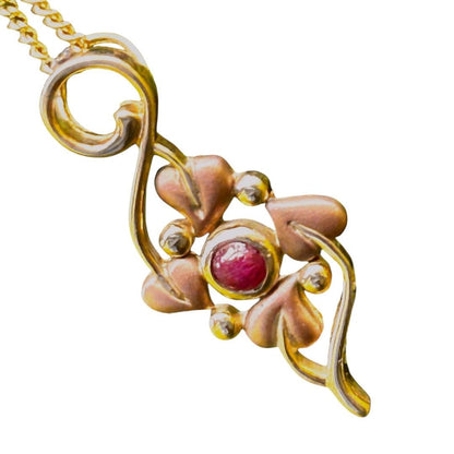 Vintage 9ct Clogau Welsh Gold Ruby Necklace - Celtic Leaves Jewellery July Birthstone