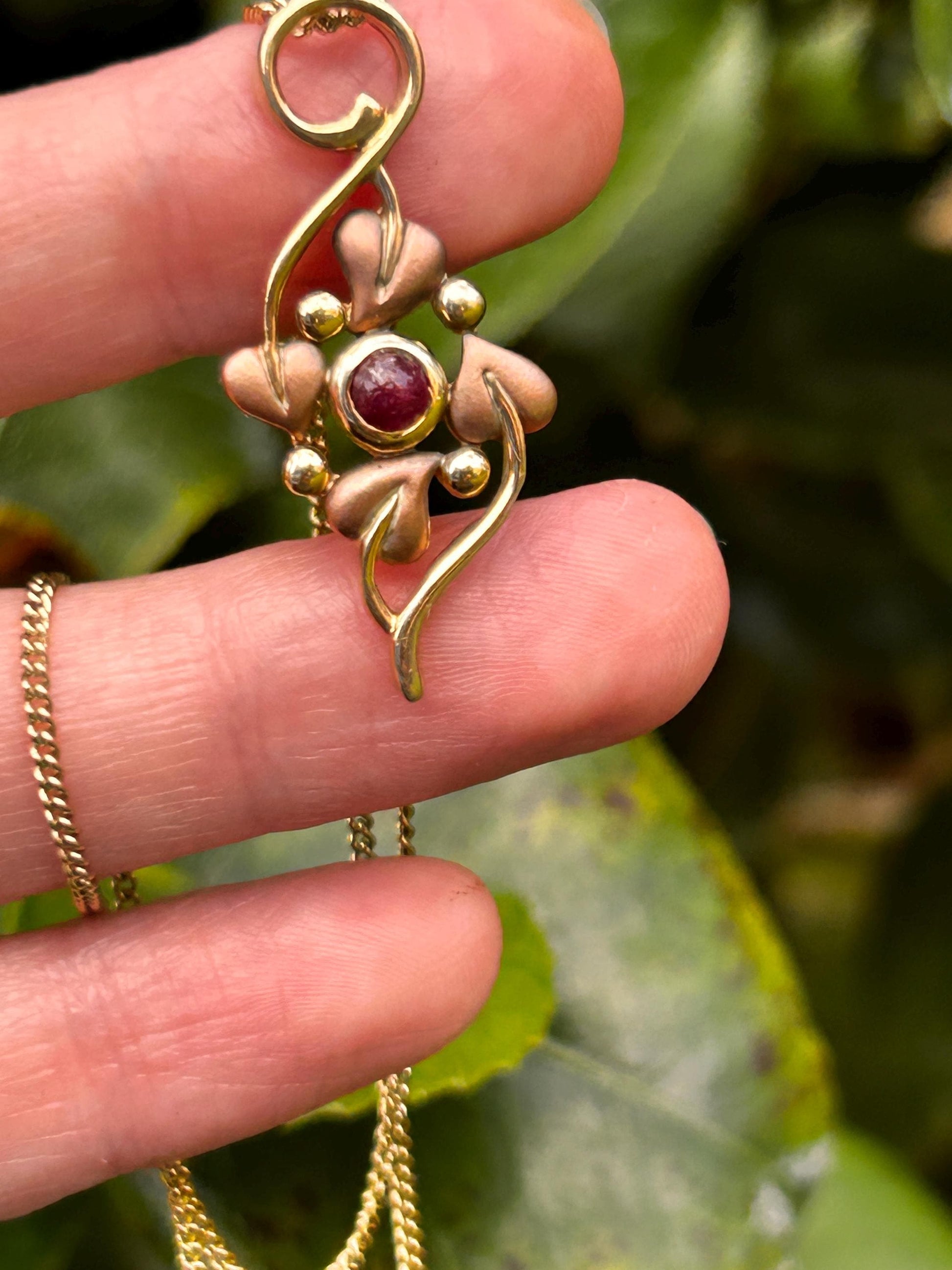 Vintage 9ct Clogau Welsh Gold Ruby Necklace - Celtic Leaves Jewellery July Birthstone