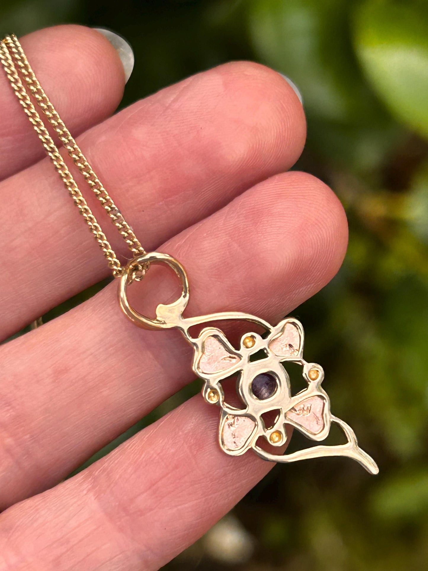 Vintage 9ct Clogau Welsh Gold Ruby Necklace - Celtic Leaves Jewellery July Birthstone