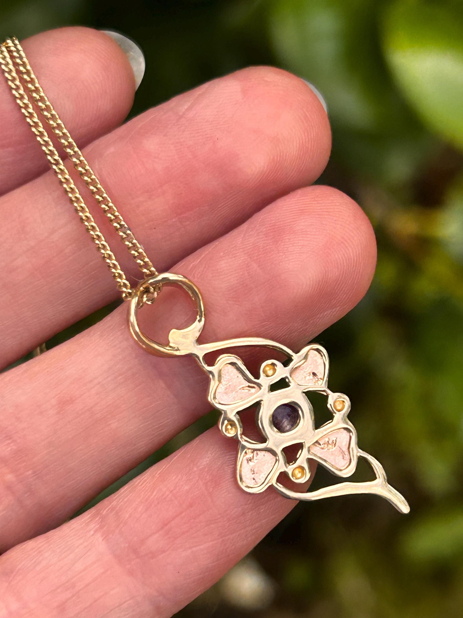 Vintage 9ct Clogau Welsh Gold Ruby Necklace - Celtic Leaves Jewellery July Birthstone
