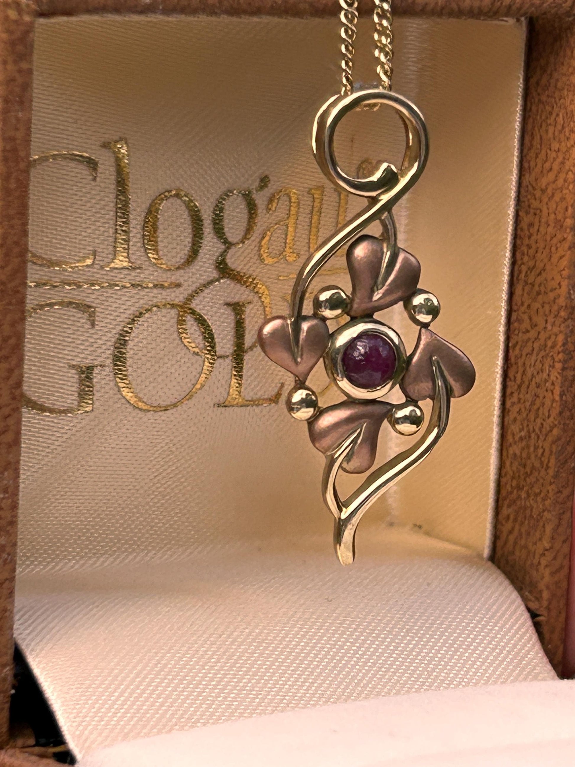 Vintage 9ct Clogau Welsh Gold Ruby Necklace - Celtic Leaves Jewellery July Birthstone