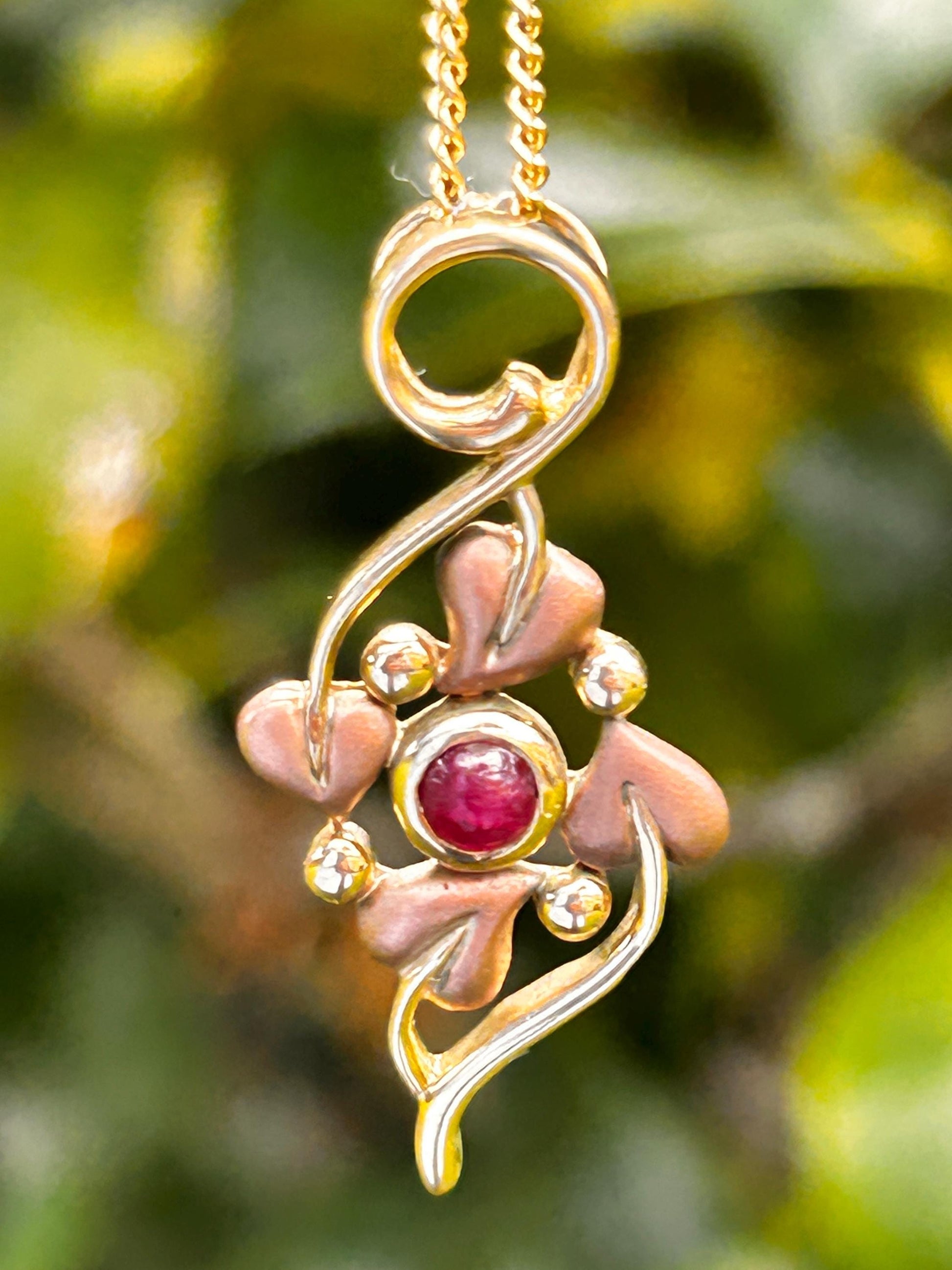 Vintage 9ct Clogau Welsh Gold Ruby Necklace - Celtic Leaves Jewellery July Birthstone