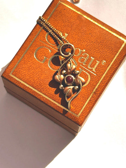Vintage 9ct Clogau Welsh Gold Ruby Necklace - Celtic Leaves Jewellery July Birthstone