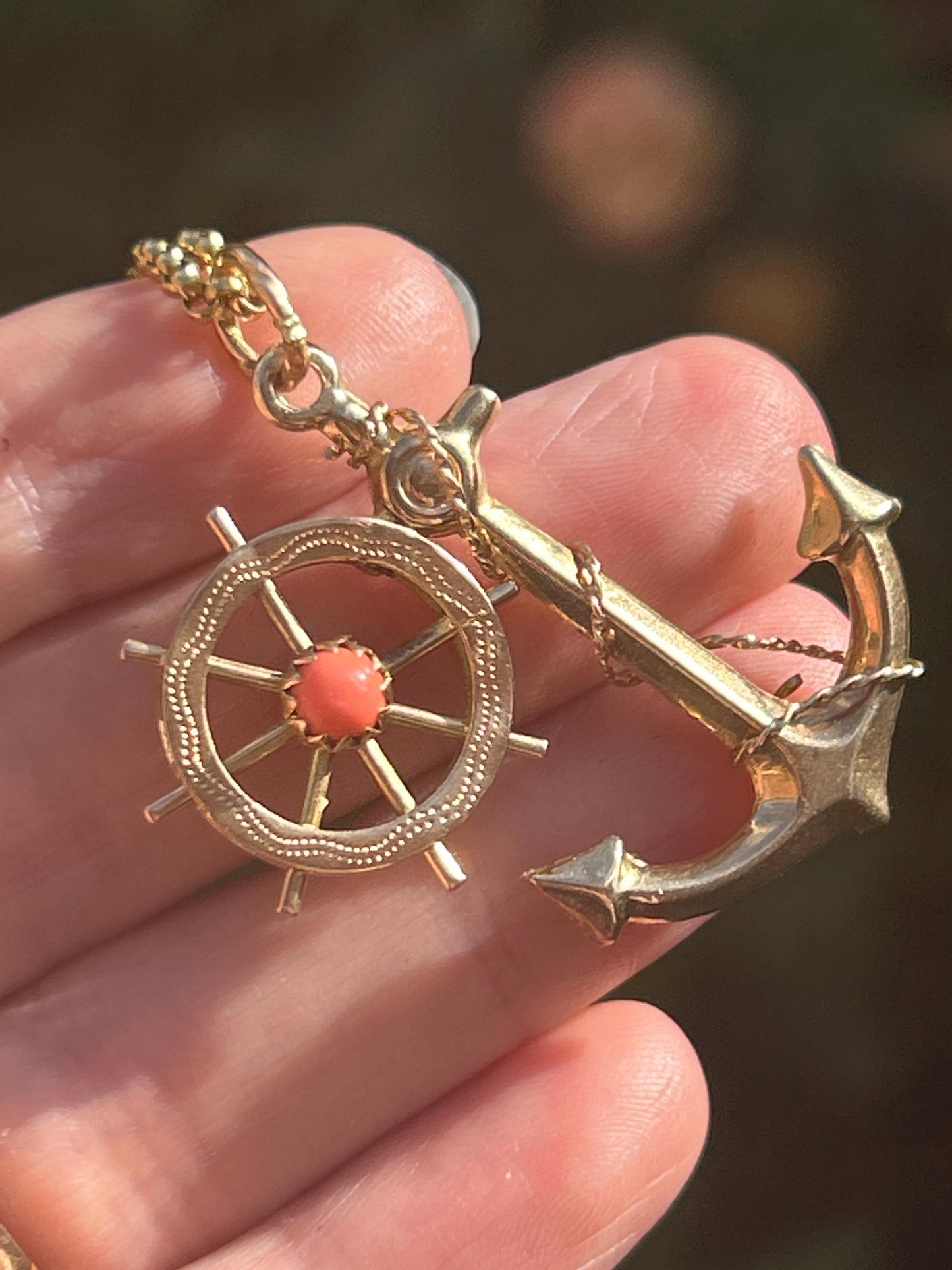 Mid-Century Vintage Anchor and Wheel with Coral Pendant - 9ct and 18ct Gold Nautical Jewellery
