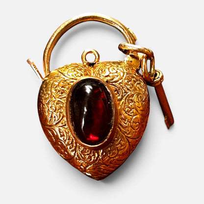 Victorian Garnet 9ct Gold Heart Padlock with Key - Bracelet Lock Pendant