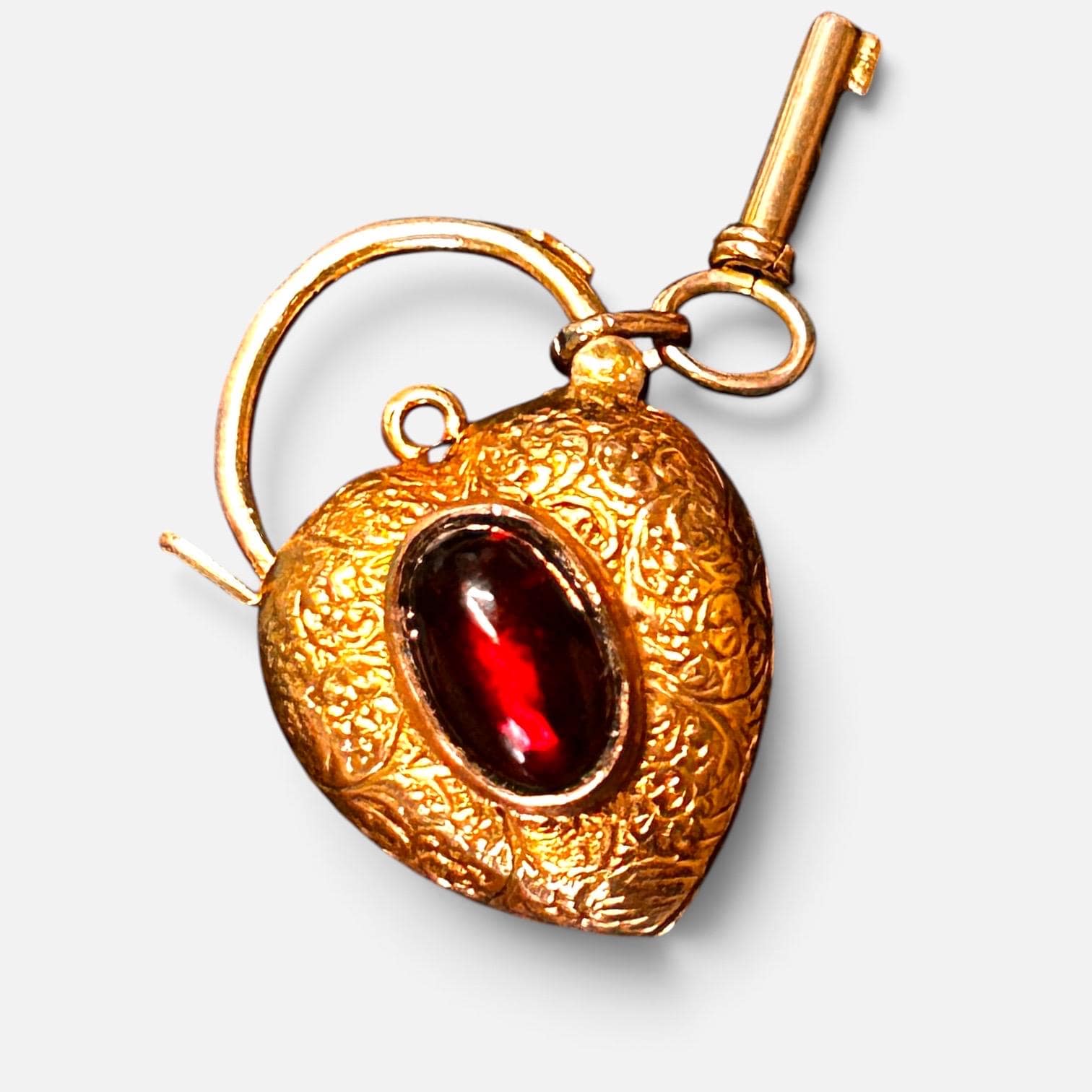 Victorian Garnet 9ct Gold Heart Padlock with Key - Bracelet Lock Pendant