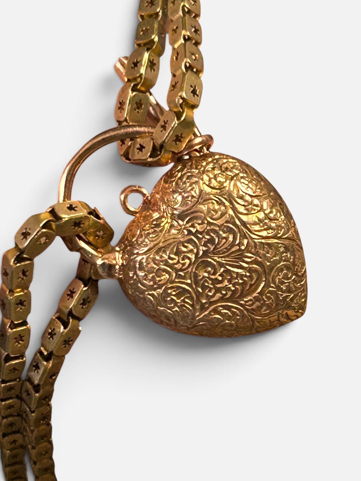 Victorian Garnet 9ct Gold Heart Padlock with Key - Bracelet Lock Pendant