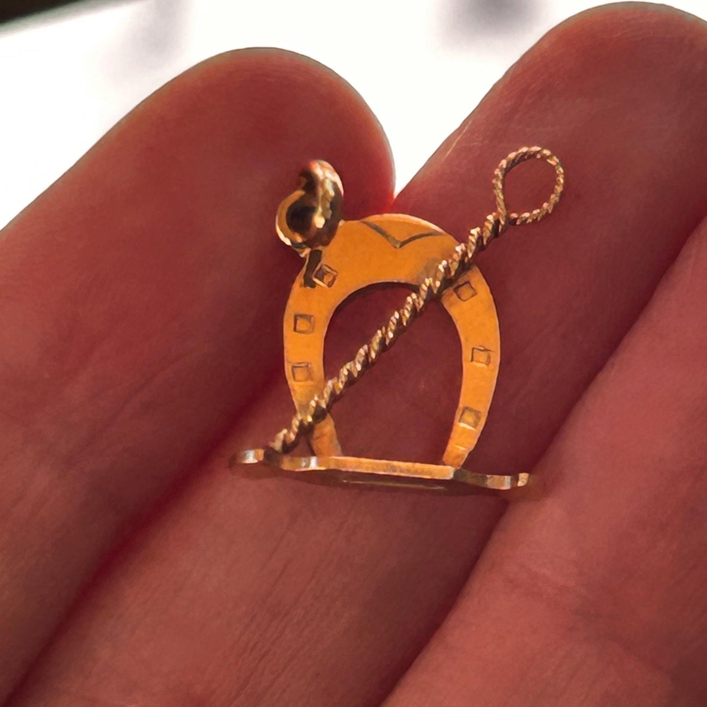 Vintage 18ct Gold Equestrian Charm - Lucky Horseshoe and Whip Pendant