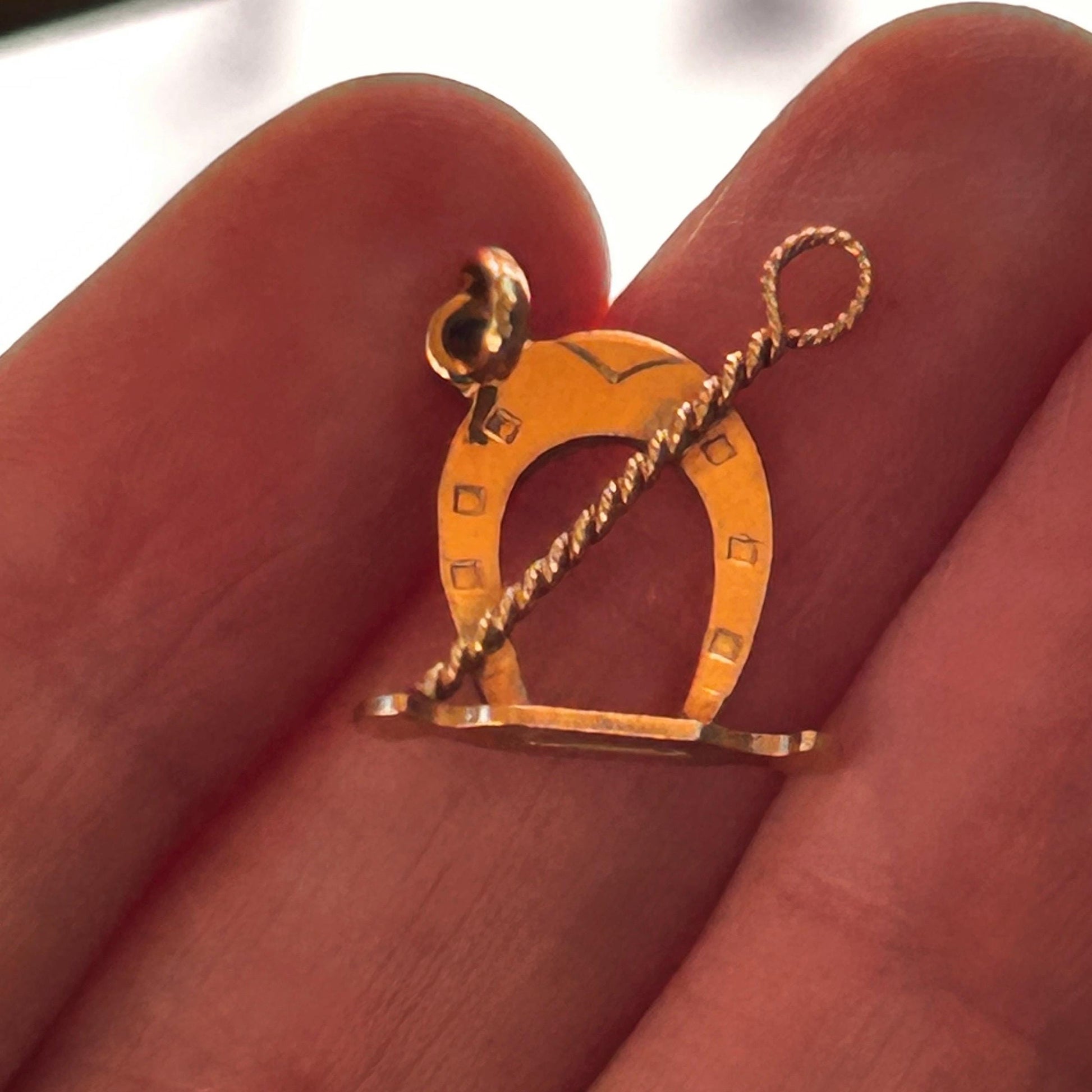Vintage 18ct Gold Equestrian Charm - Lucky Horseshoe and Whip Pendant