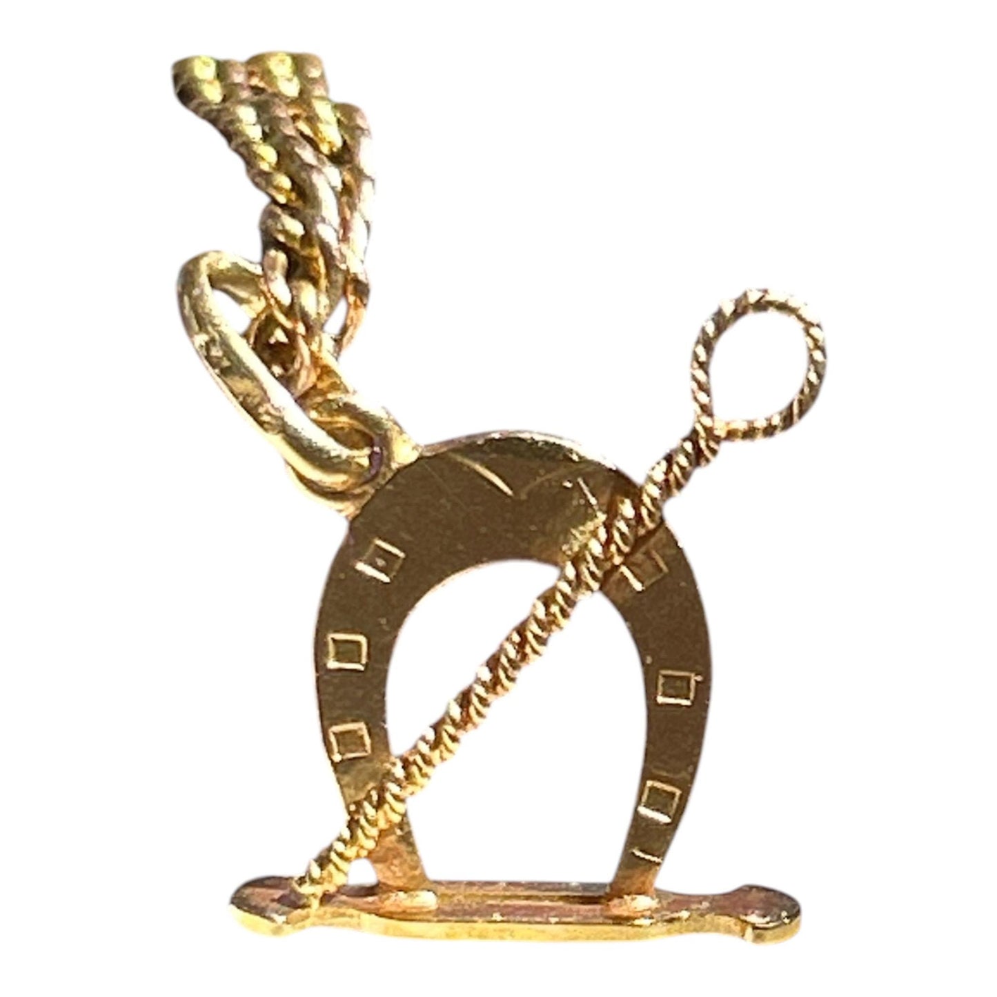 Vintage 18ct Gold Equestrian Charm - Lucky Horseshoe and Whip Pendant