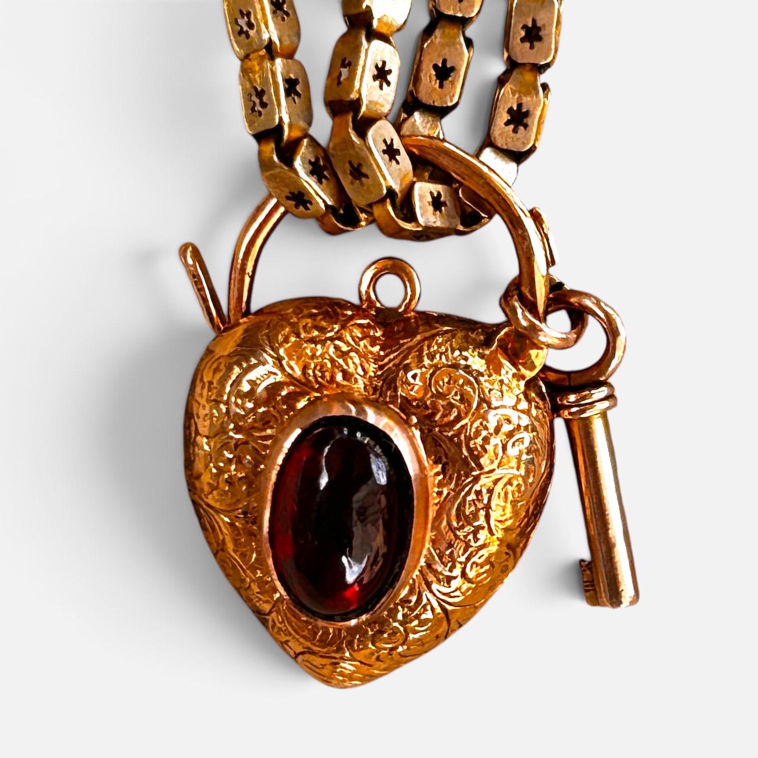 Victorian Garnet 9ct Gold Heart Padlock with Key - Bracelet Lock Pendant