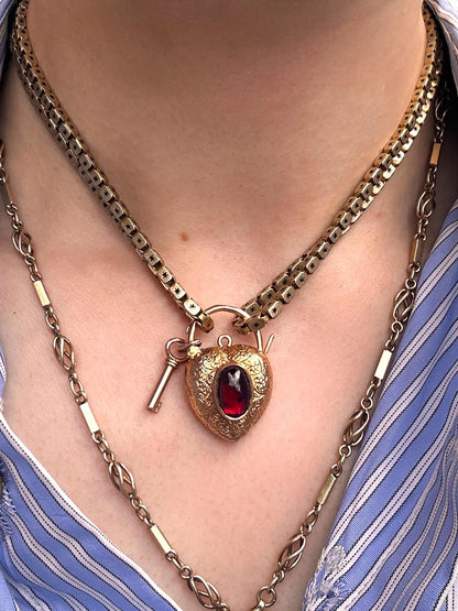 Victorian Garnet 9ct Gold Heart Padlock with Key - Bracelet Lock Pendant