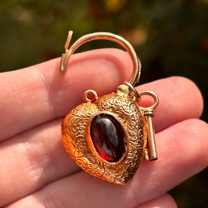 Victorian Garnet 9ct Gold Heart Padlock with Key - Bracelet Lock Pendant