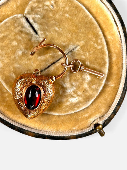 Victorian Garnet 9ct Gold Heart Padlock with Key - Bracelet Lock Pendant