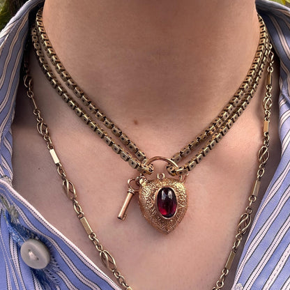 Victorian Garnet 9ct Gold Heart Padlock with Key - Bracelet Lock Pendant